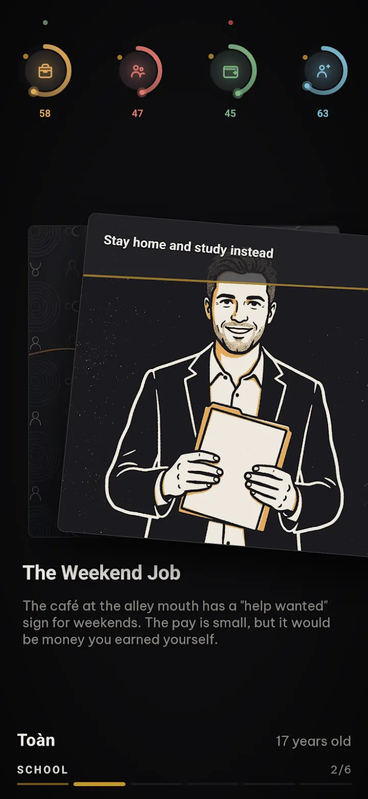 1000 Lives screenshot: a weekend job offer during school years